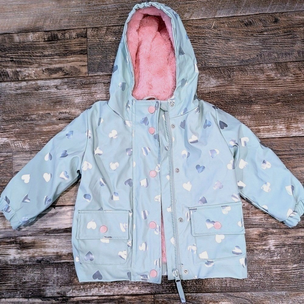 Girls Raincoat 18M Hooded Waterproof Jacket Pink Fleece Lined Mint Heart Print